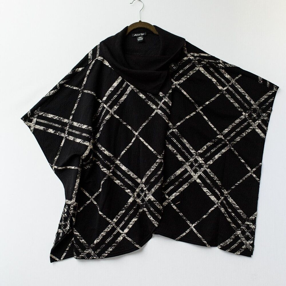 Michael Tyler M black gray womens shawl sweater cape button mock neck
